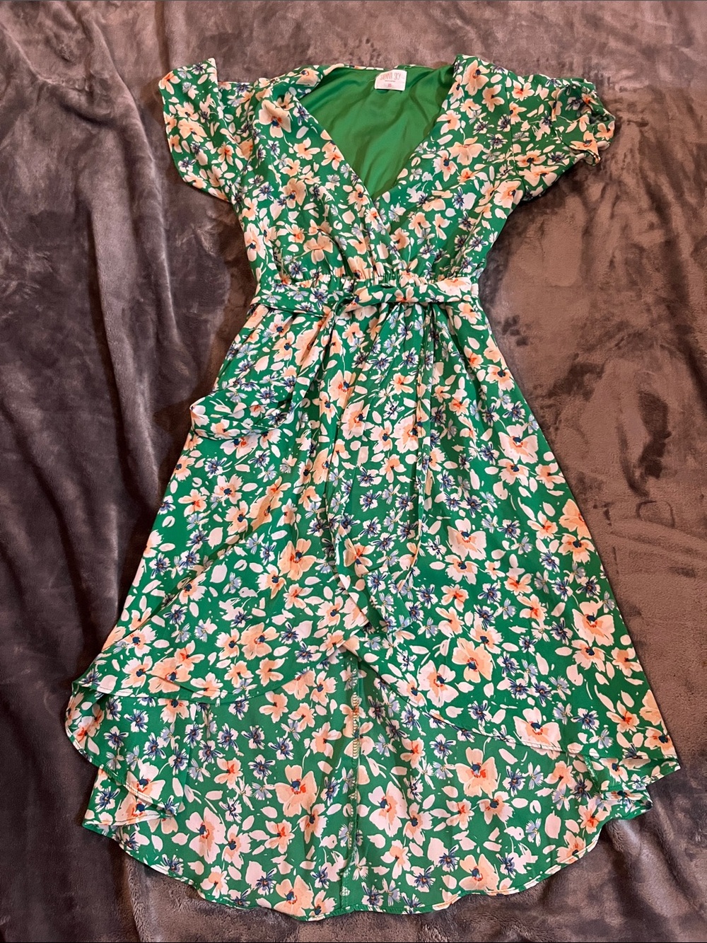 Sienna Sky Green Floral Wrap High-Low Dress with Peach Blooms